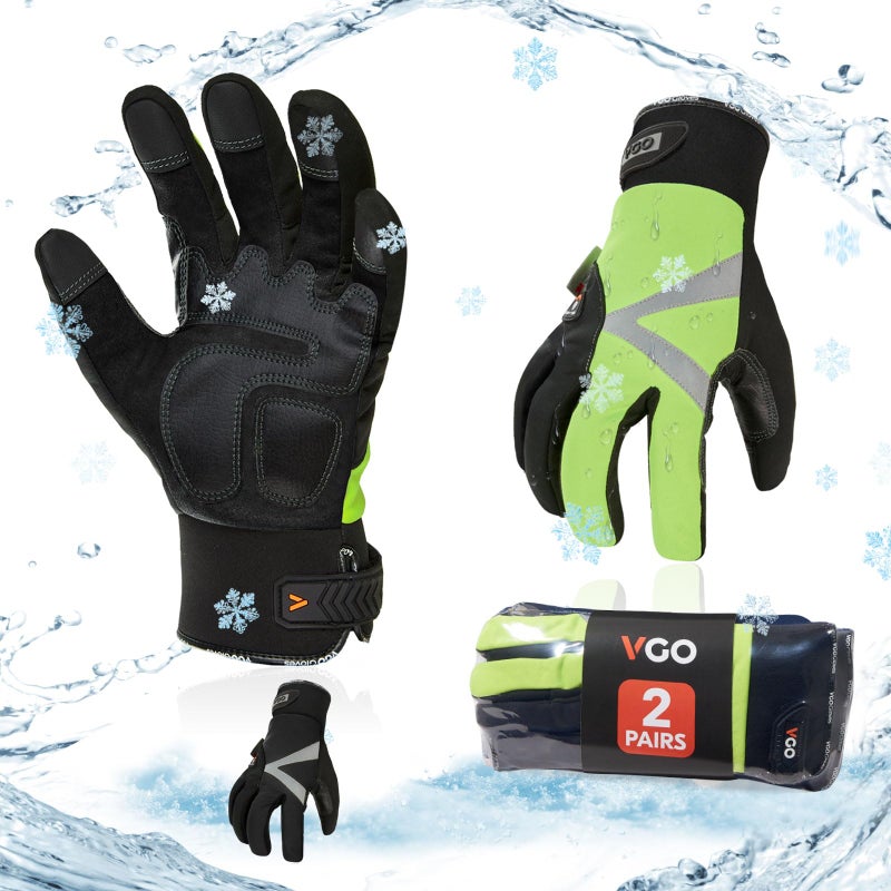 Vgo... 2-Pairs -4â„‰ or above 3M Thinsulate C100 Lined High Dexterity Touchscreen Synthetic Leather Winter Warm Work Gloves, Waterproof Insert (Size XL, Black, Fluorescent Green, SL8777FW) - Image 1